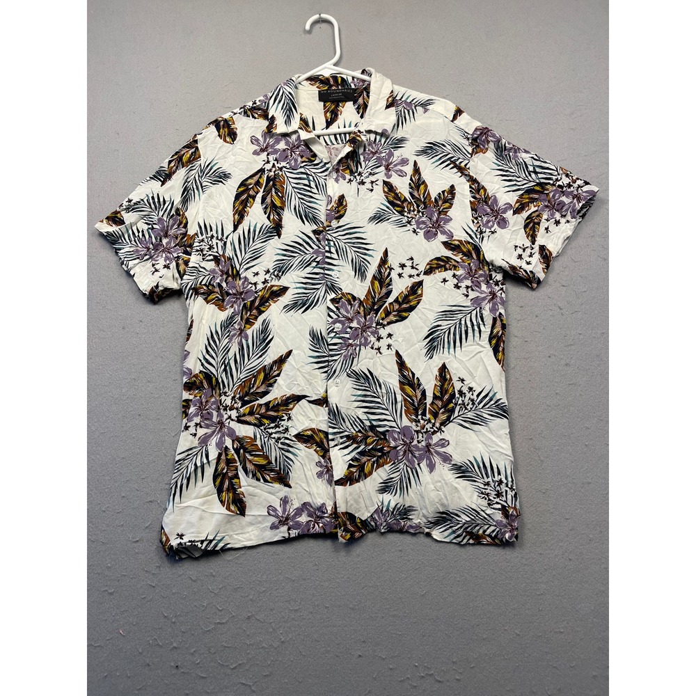 No Boundaries Button Down Rayon Tropical Floral White Large Mens